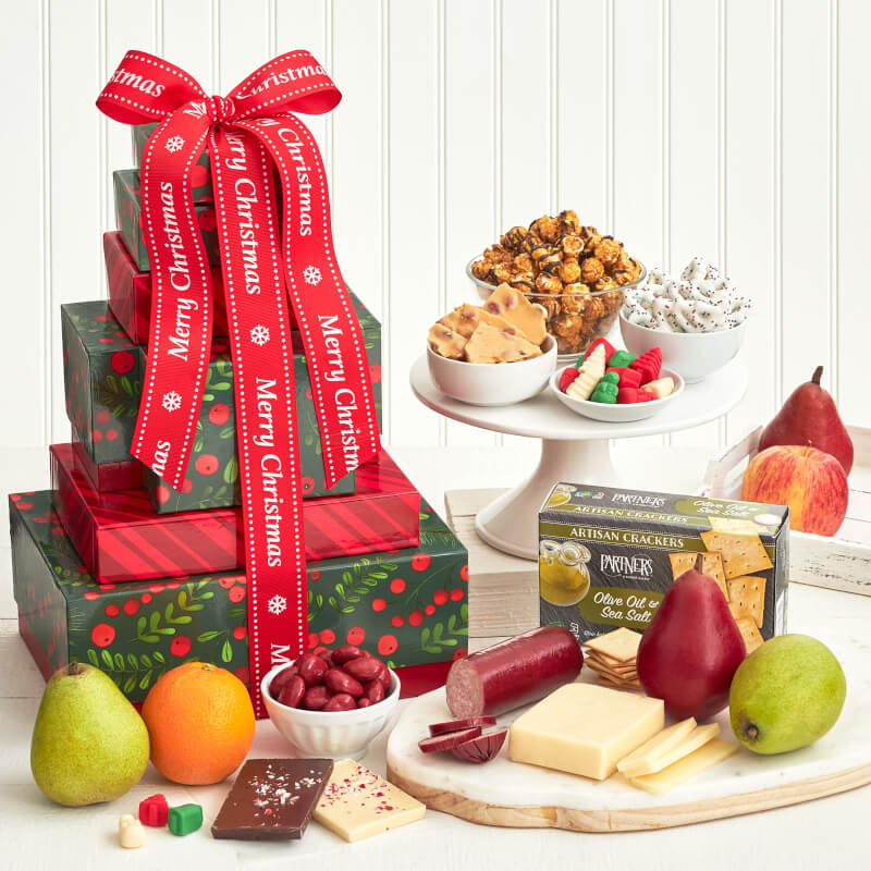 Merry Christmas Deluxe Fruit Cheese Snacks Tower Merry Christmas Deluxe Fruit Cheese Snacks Tower