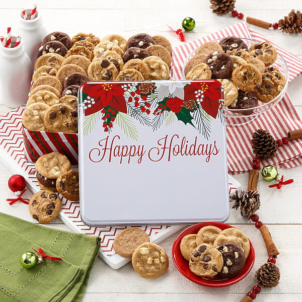 Custom Happy Holidays Poinsettia 60 Nibbler Tin Custom Happy Holidays Poinsettia 60 Nibbler Tin