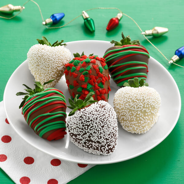 Half Dozen Holiday Belgian Chocolate Hand-Dipped Strawberries Half Dozen Holiday Belgian Chocolate Hand-Dipped Strawberries